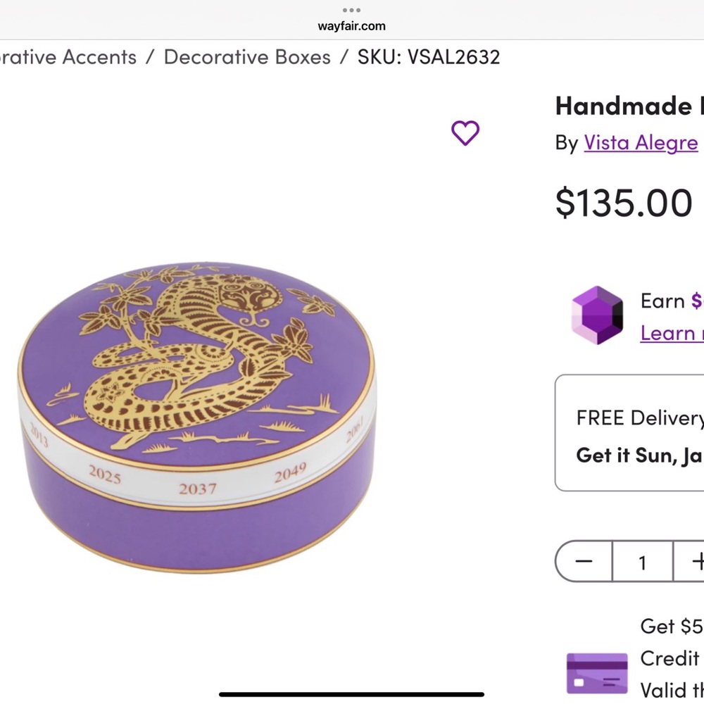 Vista Alegre Purple and Gold large snake box